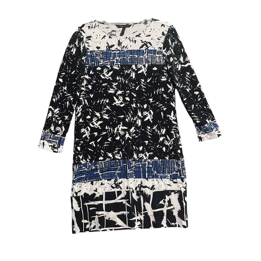 BCBG MaxAzria Womens Size Small White Black Blue Abstract Print 3/4 Sleeve Dress